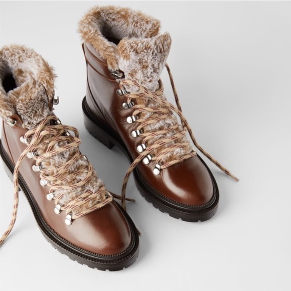 Zara Shoes - Zara Flat Leather Mountain Ankle Boots Faux fur